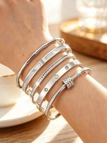 5PCS Fashion Minimalist Style Stainless Steel Women's Bracelet With Four-Leaf Flower Glass Inlay Decoration, Suitable For Women's Daily Life, Work Commute Or Travel - Set1 5PCS - View 3