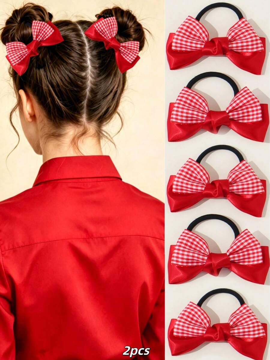 2 buah Aksesori Rambut/Ikat Rambut Gaya Putri yang Modis, Serbaguna, dan Elegan, Ikat Rambut Desain Pita Mengkilap Dua Lapis, Penting untuk Gaya Rambut Sehari-hari dan Kepang - Merah - View 1
