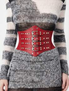 1 peça cinta feminina vermelha estilo street com fivela sexy, cintura larga, cós elástico, adequada para festa de Halloween, convívio, deslocações diárias e looks estilo street - Vermelho - Ver 4