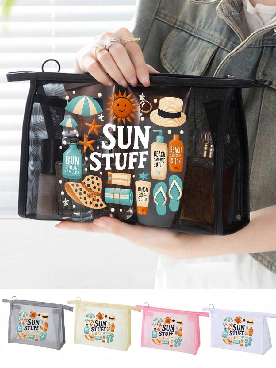 网眼化妆包，饰有口罩图案，独特的“Sun Items”字母设计，夏季防晒霜收纳袋，多功能化妆包，便携式收纳包，化妆包，护肤包，旅行必备，宿舍用品，浴室收纳，珠宝收纳，唇彩和化妆品收纳袋，学习用品包，节日必备，化妆品收纳，婚礼新娘礼物，母亲节礼物，生日礼物，送给朋友和老师的礼物