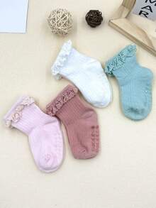 4 Pairs/1 Pair Girls' Ruched Socks, Cute Grippy Non-Slip Toddler Socks With Ruffle Trim, Suitable For 0-3 Years Old Babies - Multicolor - View 6