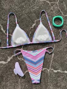 Women's Elegant Colorful Striped Bikini Set, Suitable For Spring/Summer Beach Vacation, Seaside Activities And Holiday Outfits - Multicolor - View 5