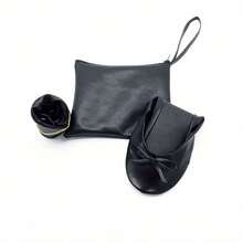 Bailarinas Portátiles Para Mujeres, Zapatos Planos Enrollables Con Suela Suave Y Lazo, Cómodos Zapatos Planos De Baile Con Bolsa De Mano - [Negro] - Ver 3