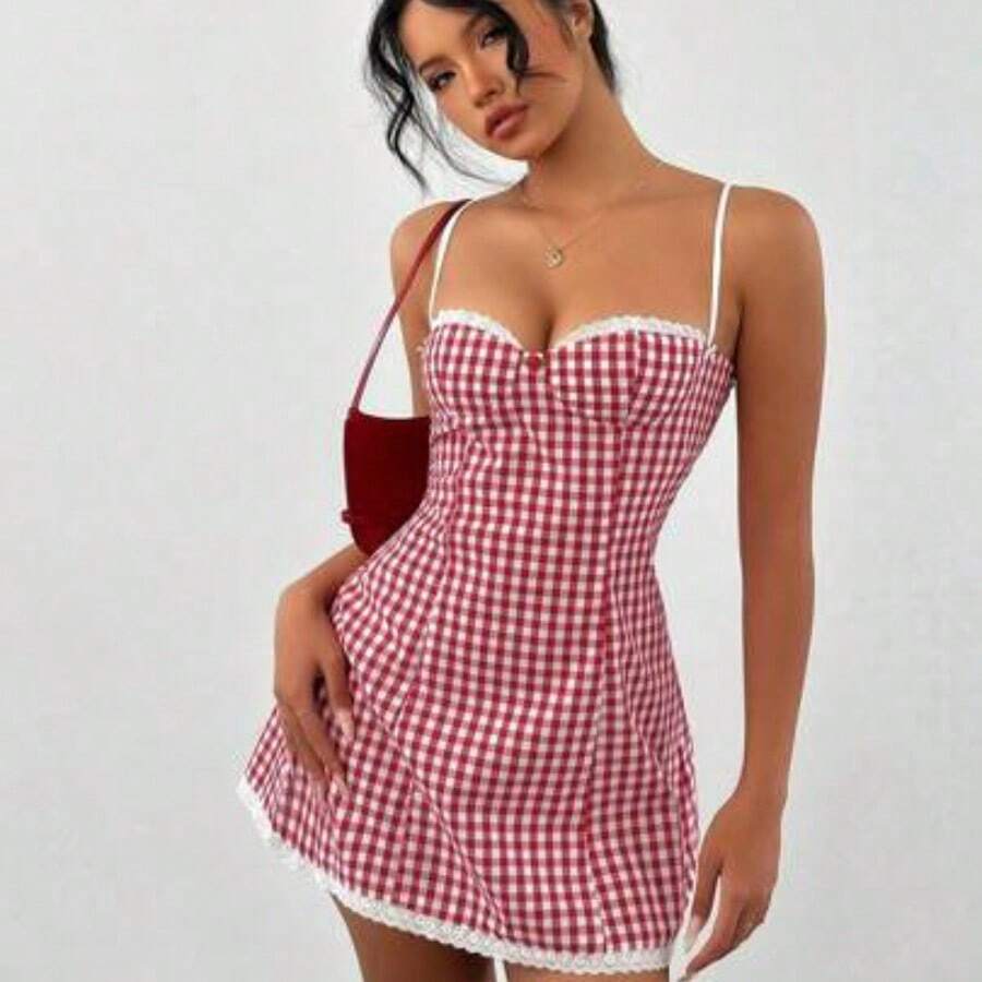 wsb - Colección de ropa femenina de moda Vestido mini acampanado de mujer con estampado a cuadros, recorte de encaje y Body ajustado para Navidad - Rojo - Ver 1
