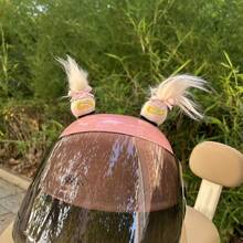 Electric Motorcycle Helmet Decoration Cute Bun Head Lucky Baby Cute Braided Ponytail Helmet Decorative Sticker Quick Release Magic Tape Base For Women - Rose Red and Yellow Color Scheme - View 9