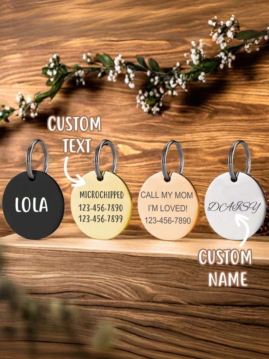 1pc Personalized Pet ID Tag Customizable Round Name And Number Engraved Cat Dog Collar Tag Dog Memorial Tag For Pets Silent Pet Tags