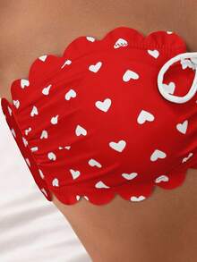 New 2026 Model: Women's Multicolor Ruffled Bikini Swimsuit With Red Heart-Shaped Bow - Red Background With White Heart - View 5