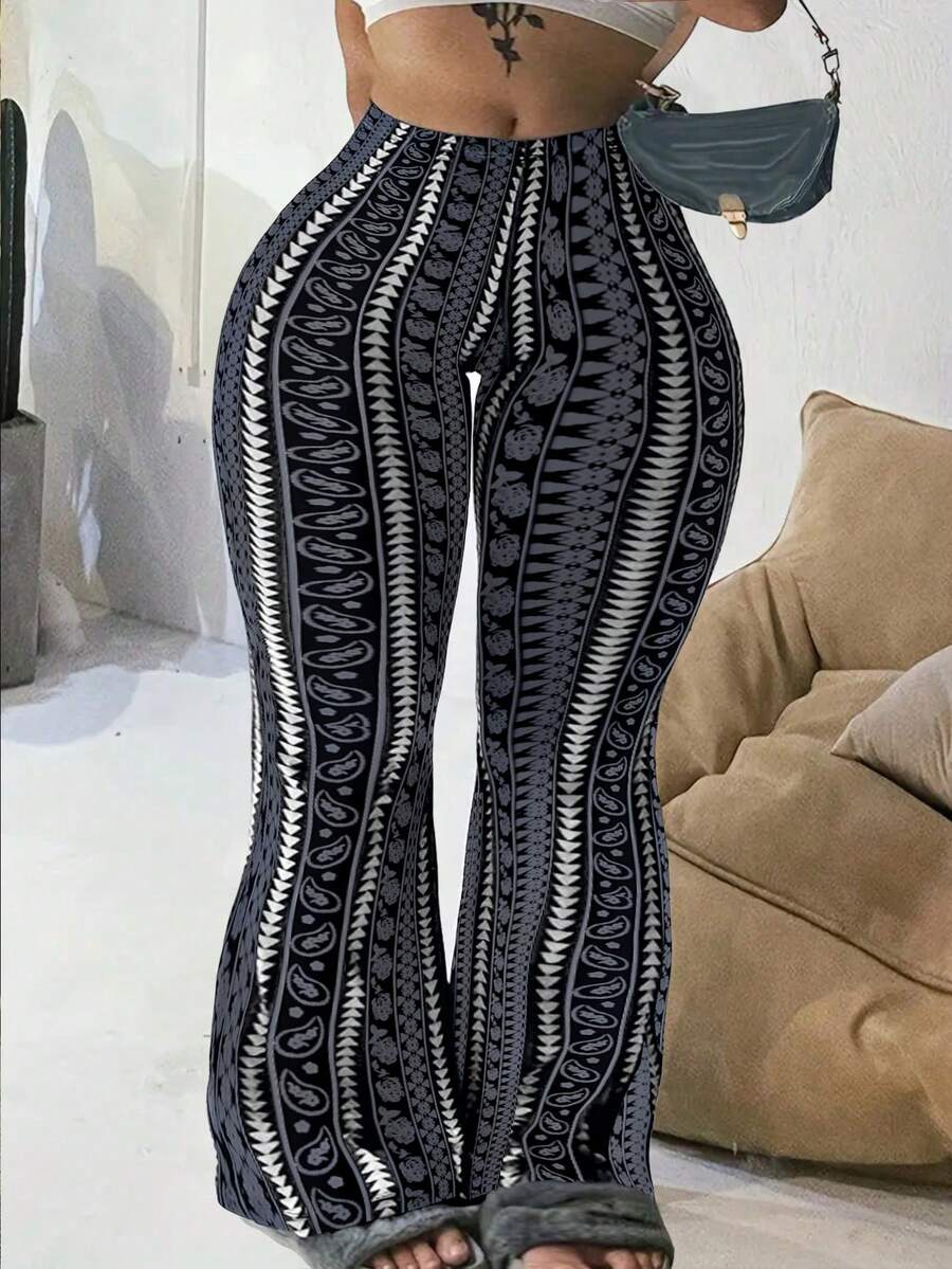 Pantalones acampanados de estampado geométrico de moda casual de talla grande, color negro de primavera - Negro - Ver 1