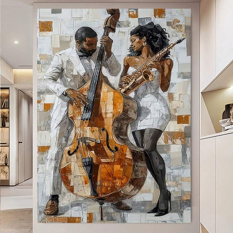 Enmarcado  plano 2D, 1 unidad, lienzo enmarcado con temática de música jazz - Póster de músicos de jazz en blanco y negro (contrabajo y saxofón) - Pintura vertical en tonos beige/marrón para decoración del hogar, oficina o bar - Uso exterior - Regalo de jazz para músicos - Enmarcado - Ver 1