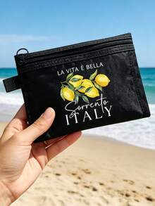 "Lemon Sorrento Italy" Pattern Multifunctional Mesh Cosmetic Bag, Travel Makeup Bag, Summer Bag, Women's Handbag, Office Makeup Bag, Women's Bag, Wallet, Lightweight Breathable Zipper Organizer Bag For Pencils, Coins, Small Storage, Credit Cards, Chargers, Passports, Lipsticks, Travel Accessories, Pencil Case, Wallet, Fashionable Women's Summer Holiday Gift, Friend, Colleague, Birthday, Graduation Season Gift - Multicolor - View 2