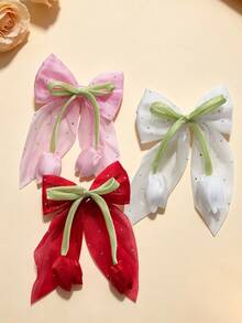 5pcs/Set Girls Multi-Color Chiffon Bow Hair Clips, Cute Vacation Style Tulip Flower Alligator Hair Clips, Sparkling Crystal Accessories, Suitable For Travel, Vacation, Party, Outing, Daily Commute, Wedding, Back To School Season, Great Gift Choice For Girls - Multicolor - View 3