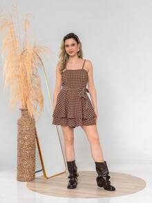 Women's Casual Elegant Checkered Jumpsuit With Padded Cups, Front Tie, And Back Zipper – Sizes S M L - Màu nâu kẻ ô - Xem 4