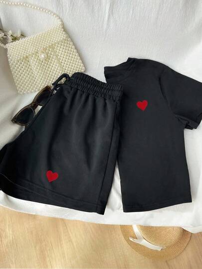 2pc Women Heart T-Shirt And Elastic Waist Shorts Casual Suit, Suitable For Outdoor Sports, Gift For Women, Sisters, Mother's Day,