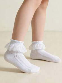 3 pares de calcetines de encaje de algodón de unicolor para niños, con volantes de princesa, versátiles para fiestas y baile - Multicolor - Ver 5