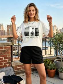 Women's New York Landmark & Letter Print Tee, Soft Short Sleeve Casual Summer Streetwear Top - 短褲 - 查看 1
