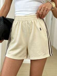 Solid Color Contrast Trim Elastic Waist Loose Shorts Summer - Light Yellow - View 8