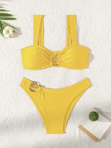New 2026 Model: New Two-Piece Bikini With Metallic Accessory And Solid Color For Women, Beach Swimsuit With Opening - 黃色 - 查看 3