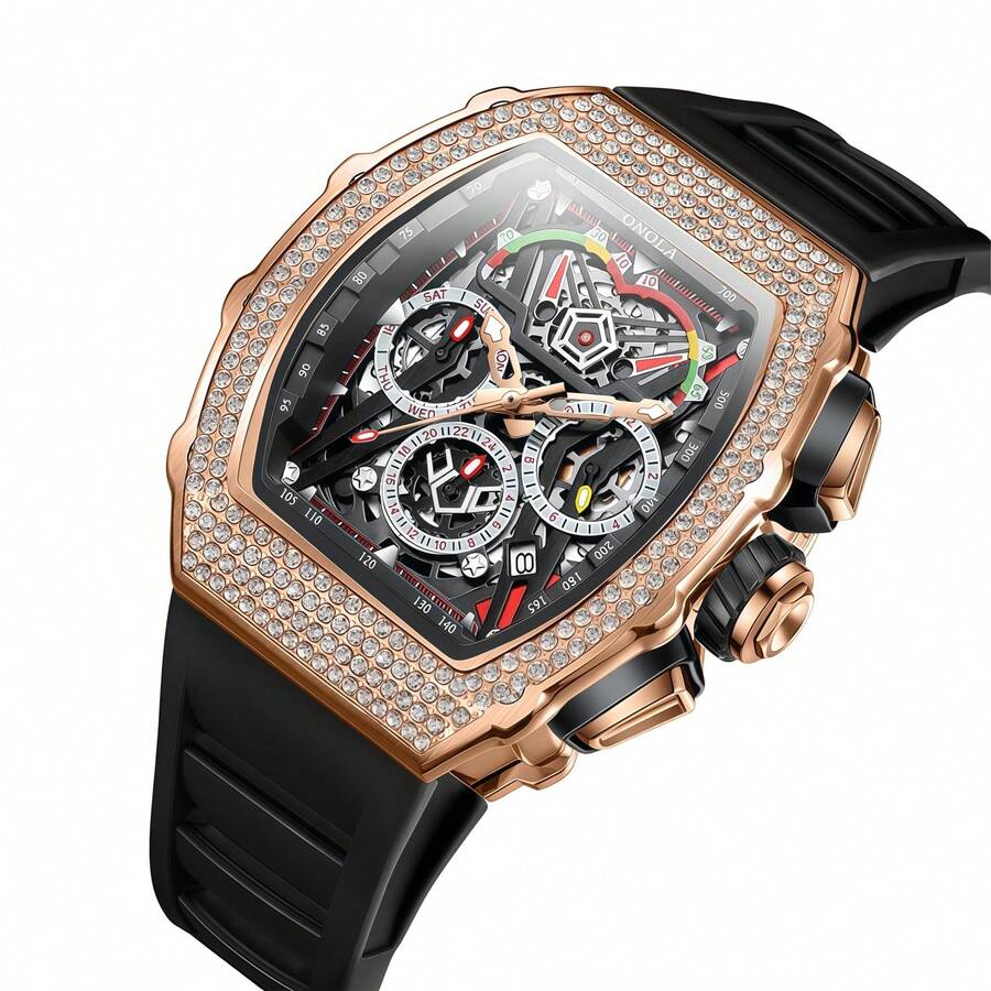 ONOLA Men's Automatic Mechanical Watch Multifunction Chronograph Tonneau Rhinestone Waterproof Wristwatch With Gift Box