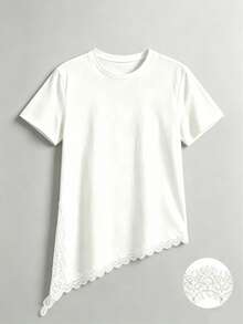 Camiseta de mujer de punto de unicolor con encaje en contraste, asimétrica/asimétrica, adecuada para el hogar, uso diario, vuelta al colegio, fiesta, casual de primavera/verano en color negr - Blanco - Ver 3