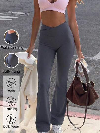 Pantalones acampanados de cintura alta de unicolor minimalista para uso diario de las mujeres Muse Moon