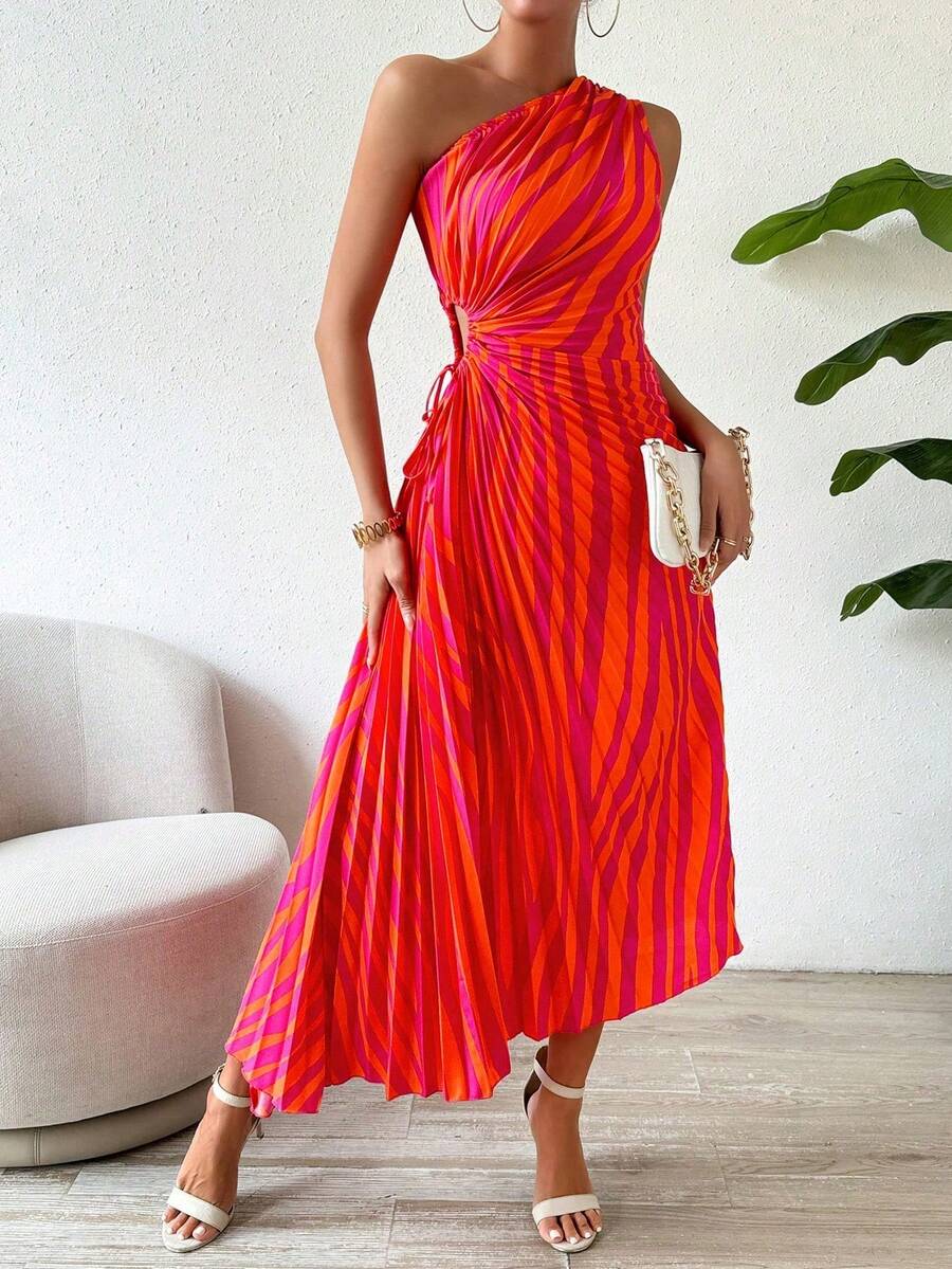 Vestido largo de verano de mujer con cuello asimétrico, plisado, calado y estampado - Multicolor 2 - Ver 1