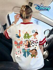 Disney Moana Double-Sided Print Color-Blocked T-Shirt, A Versatile And Comfortable Short-Sleeved Top For Everyday Wear By Girls. - 白色拼紅 - 查看 3