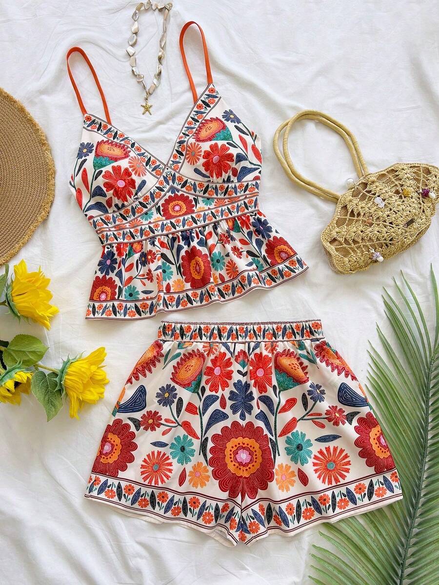 Conjunto de 2 piezas de camiseta de tirantes y pantalones cortos con estampado floral para mujer, conjunto informal para vacaciones - Multicolor - Ver 1