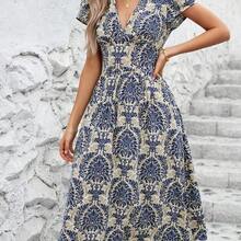 Clasi Vestido midi de línea A con cuello en V y manga corta, con estampado de plantas tropicales, elegante para uso diario y vacaciones - Azul marino - Ver 8