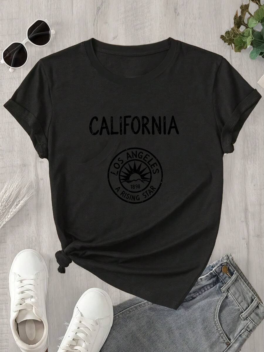 Camiseta estampada para mujer, 1 unidad, manga corta, primavera/verano, el regalo perfecto para las fiestas. - Negro - Ver 1