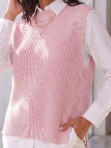 Women's Knitted Vest With Ribbed Crew Neck, Sleeveless, Casual And Elegant Knitwear For Autumn/Winter - 羅莎 - 查看 4