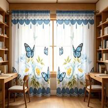 2 pezzi di tende trasparenti in stile rustico fresco, con motivo di farfalle blu e peonie bianche con bordo in pizzo. Stampa piatta 2D, permettono alla luce di filtrare e sono ideali per la decorazione estiva di finestre, sale da pranzo, soggiorni e cucine. - Multicolore - Visualizzare 6