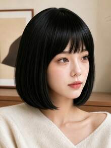 12 Inch Black Straight Synthetic High Temperature Resistant Wig With Bangs, Fluffy Fashionable Women's Cosplay Wig For Halloween, Christmas, Party, Carnival - Black - View 4