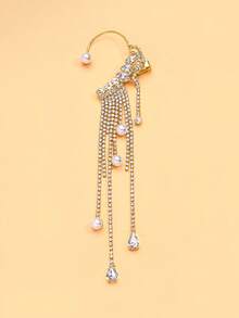 FAAABULS 1pc Shiny Crystal Tassel Ear Clip With Pearl Decor, Long Rhinestone Chain Earrings, Women's Evening Party Jewelry - EH2091 - View 6