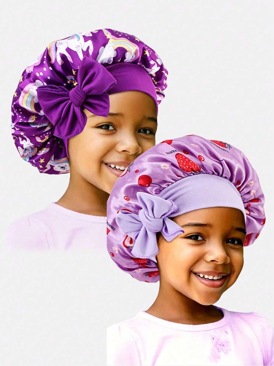 2 piezas Gorros de pelo redondos de satén con cinta elástica estampada para niños, adecuados para uso diario - JDKB-21E Unicornio morado fresa/morado oscuro - Ver 1