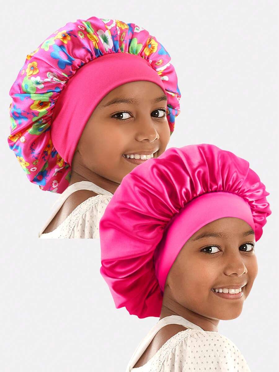 2pcs Printed Children's Elastic Ribbon Satin Round Hair Caps, Suitable For Daily Use - K-21 Rose Red / JDKB-21A Floral Rose Red - View 1