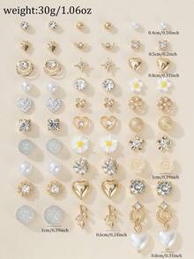 Set Of 30 Pairs Fashion Minimalist Stud Earrings Cute Daisy Star Heart Leaf Multi- Combination Ear Jewelry Suitable For Dating Vacation Wear Holiday Gift - Yellow Gold - View 6