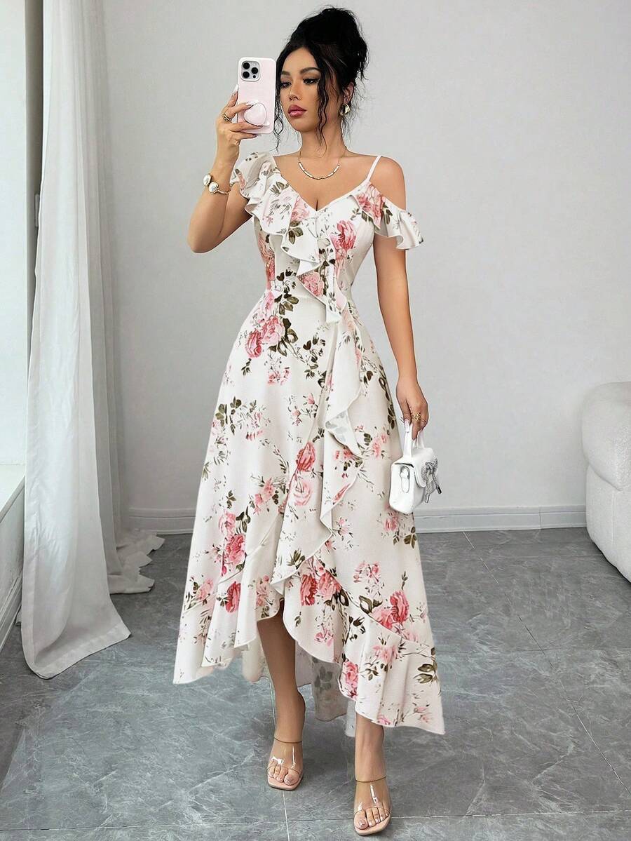Vestido largo floral asimetrico de mujer con hombros descubiertos y bajo irregular con volantes - Albaricoque - Ver 1