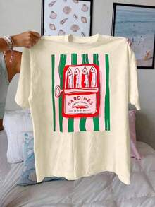 Women's Summer T-Shirt, Cotton T-Shirt With Sardine Print, Round Neck, Breathable Material, Casual Short Sleeve Top For Women - 白色 - 查看 2