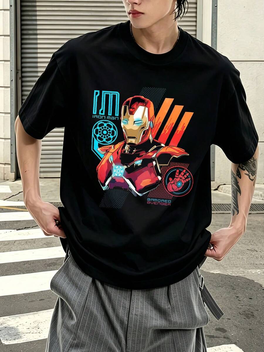 Marvel Iron Man Armor Design Graphic T-Shirt 100% Cotton Men's Clothing Men's T-Shirt Men's Summer Outfits Marvel Series Gift Ideas For Men Streetwear For Men - 黑色 - 查看 1