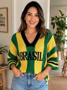 Brazilian National Team Women's V-Neck Blouse, Premium Sweater, Brazil World Cup 2026 - xanh lá cây/vàng/đen - Xem 2