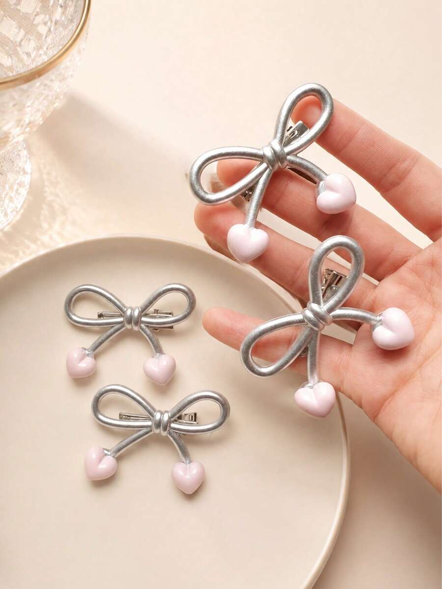2pcs Girls Silver Bow & Pink Heart Cute Side Bangs Hair Clips, Suitable For Daily Styling - Multicolor - View 1