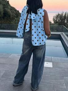 New Women's Bow Woven Fabric Backless Sleeveless Printed Polka Dot Top Tank Shirt Casual Spring Summer Blouse - Blue - View 7