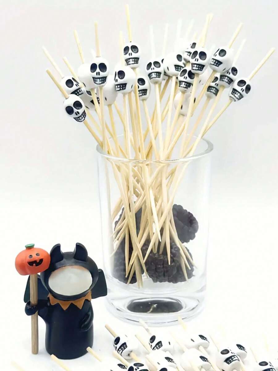 100pcs/Set Skull Fruit Picks, Rooster Tail Picks, Creative Hamburger And Pastry Picks, Bamboo Skewers. Suitable For Christmas And Day Of The Dead Theme Parties, Enhance Party Atmosphere, Rooster Tail Picks - View 1