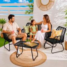 Outdoor Indoor Wicker Rattan Garden Furniture Sofa Chair Table Set With Natural Cushion For Patio Balcony - Black - View 2