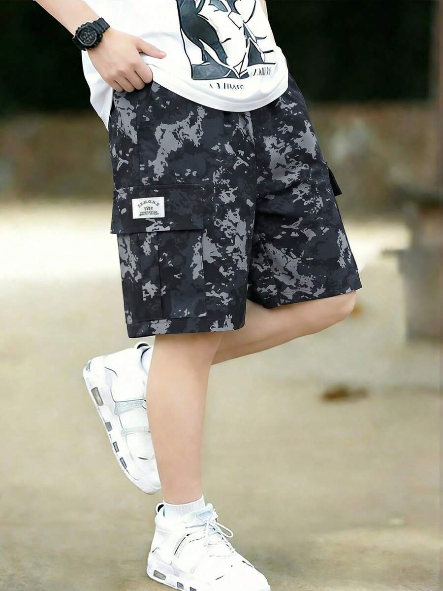 Boys' Summer Utility Style Shorts, Camouflage Print, Woven Non-Stretch Casual Shorts, Suitable For 6-12 Years Old Boys, Commute / Outdoor Versatile - Black - View 1