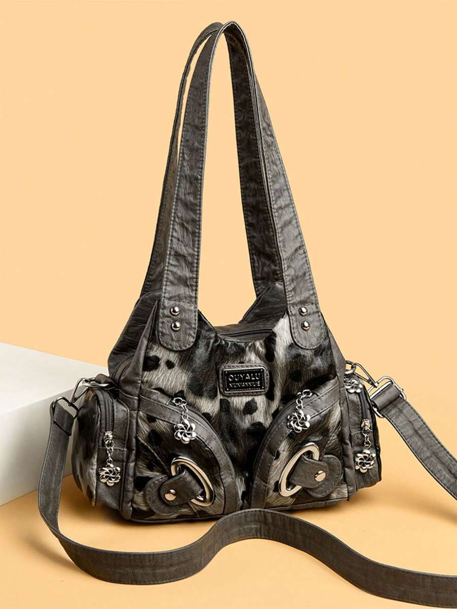 Fashionable Minimalist Multi-Pocket Rivet Street Retro Elegant Versatile Underarm Crossbody Shoulder Bag For Shopping And Vacation - Grey - View 1