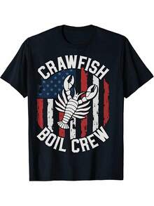 Men'S Team T-Shirt For Crawfish Boil Showcasing The American Flag, Idea, Birthday, Father's Day Gift, Black Casual Short-Sleeved Crew Neck T-Shirt - 黑色 - 查看 1