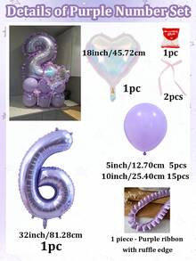 26件/組，紫色K-Pop生日主題數字氣球組，包含0-9紫色數字、馬卡龍紫色乳膠氣球、紫色荷葉邊緞面蕾絲飾帶、彩色愛心氣球，適用於K-Pop主題派對、生日、週年慶派對拱門裝飾 - 紫花邊數字 - 查看 16