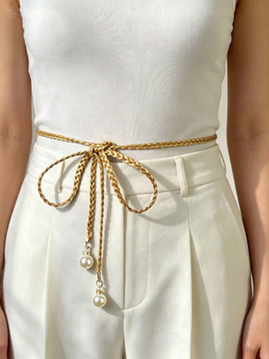Braided Thin Waist Belt With Pearl Pendant, Women's Waist Rope, Twisted Rope Bow Knot, Versatile For All Seasons, Simple Fashionable Fresh Style, Waist-Cinched Slimming, Suitable For Medium-Sized Women - Multicolor - View 1