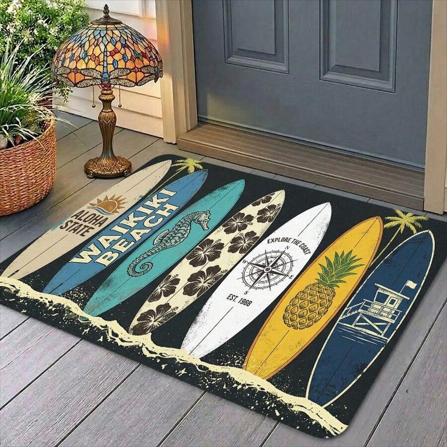 1pc Door Mat Tropical Beach Style Entrance Rug Flannel Material Thick Plush - 0.4inch Sponge Thickness Unique Surfboard Design Suitable For Doorways, Bathroom, Kitchen, Toilet, Bedroom, Indoor And Outdoor, Farmhouse, Patio, Laundry Room, Courtyard De - 彩色 - 查看 1